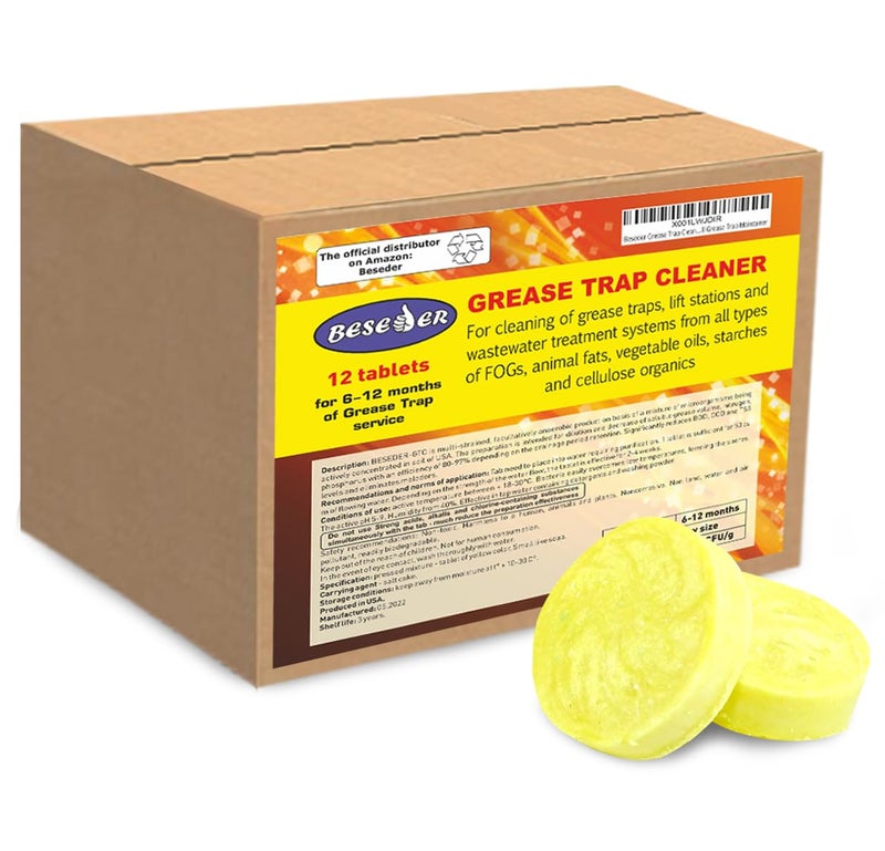 Beseder grease trap cleaning tablets for grease decomposition grease trap treatment and odor removal from grease trap containers in 1 box with 12 tablets